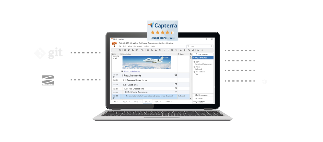 ReqView requirements management tool with Git and SVN version control systems under the hood.