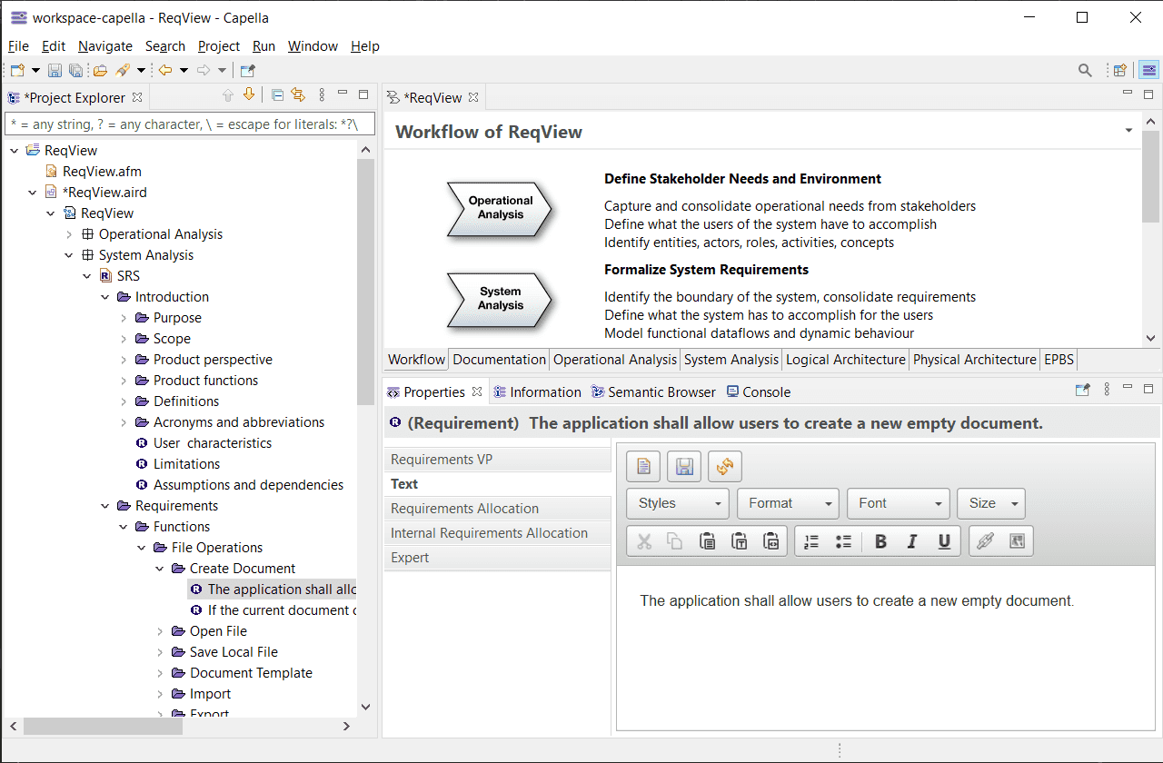 Open Software Requirements Specification (SRS) exported from ReqView in Capella