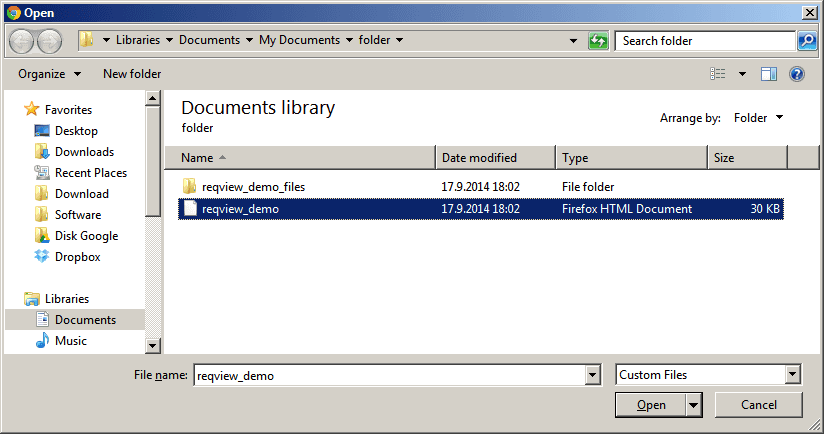Select document to import dialog