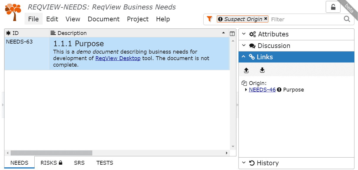 Filter requirements with suspect links