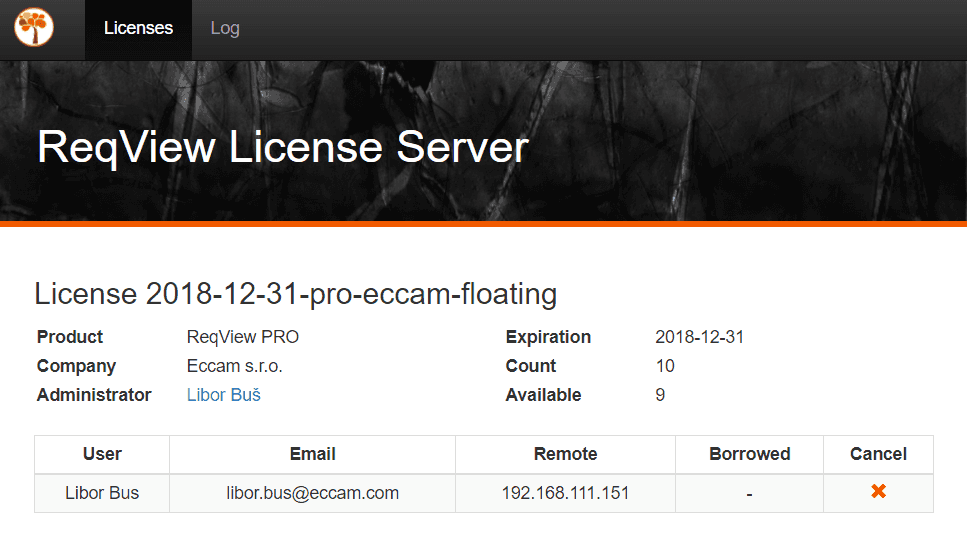 Administration page for the ReqView Floating License Server