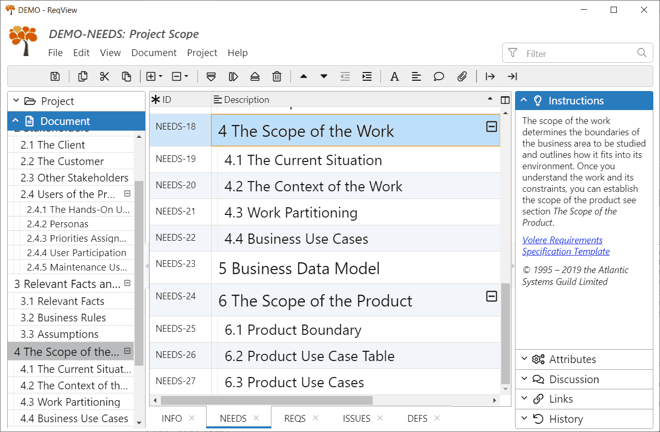 Instructions for the Volere requirements specification template in ReqView