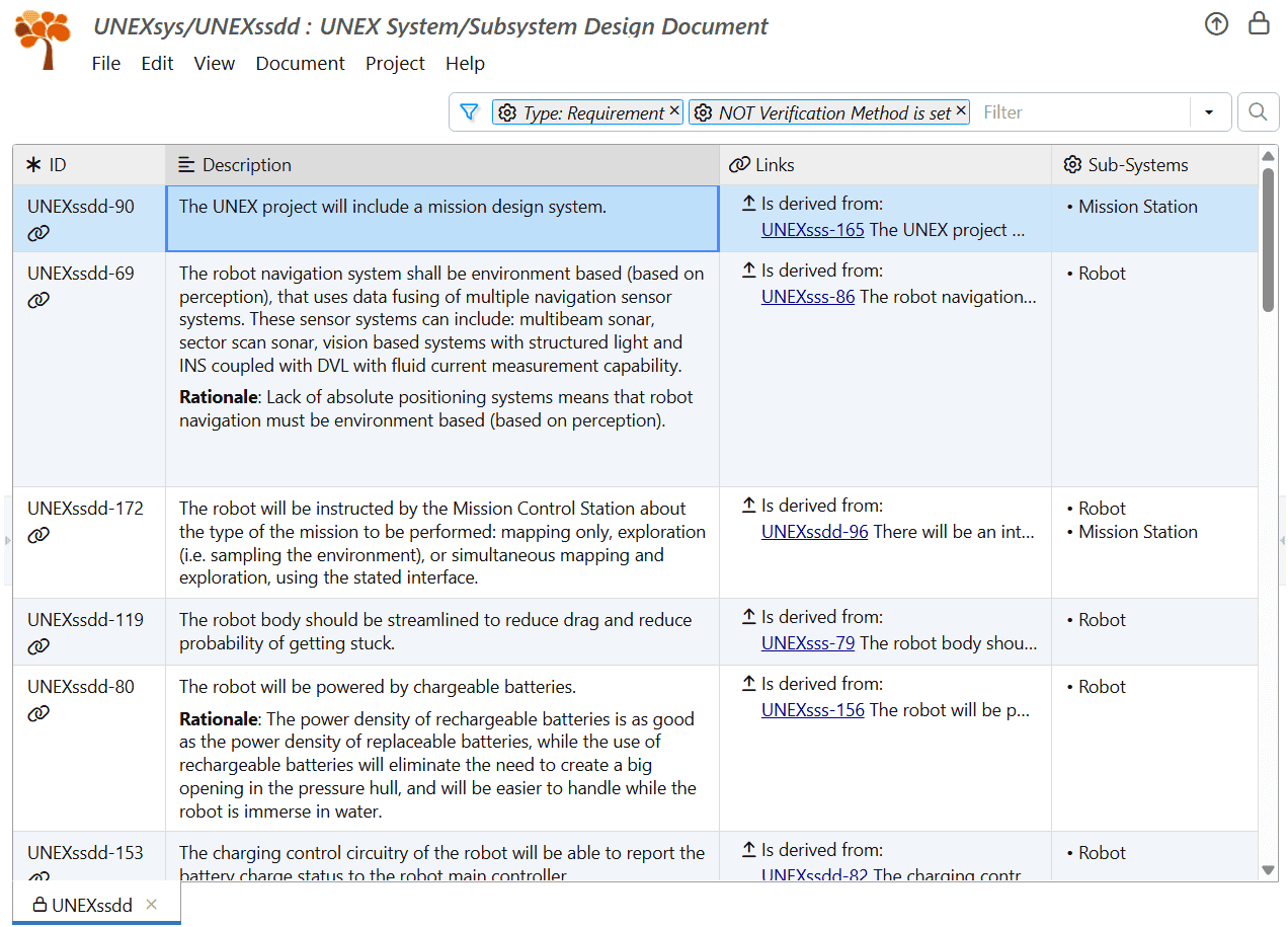 Filter SSDD requirements without verification method in ReqView
