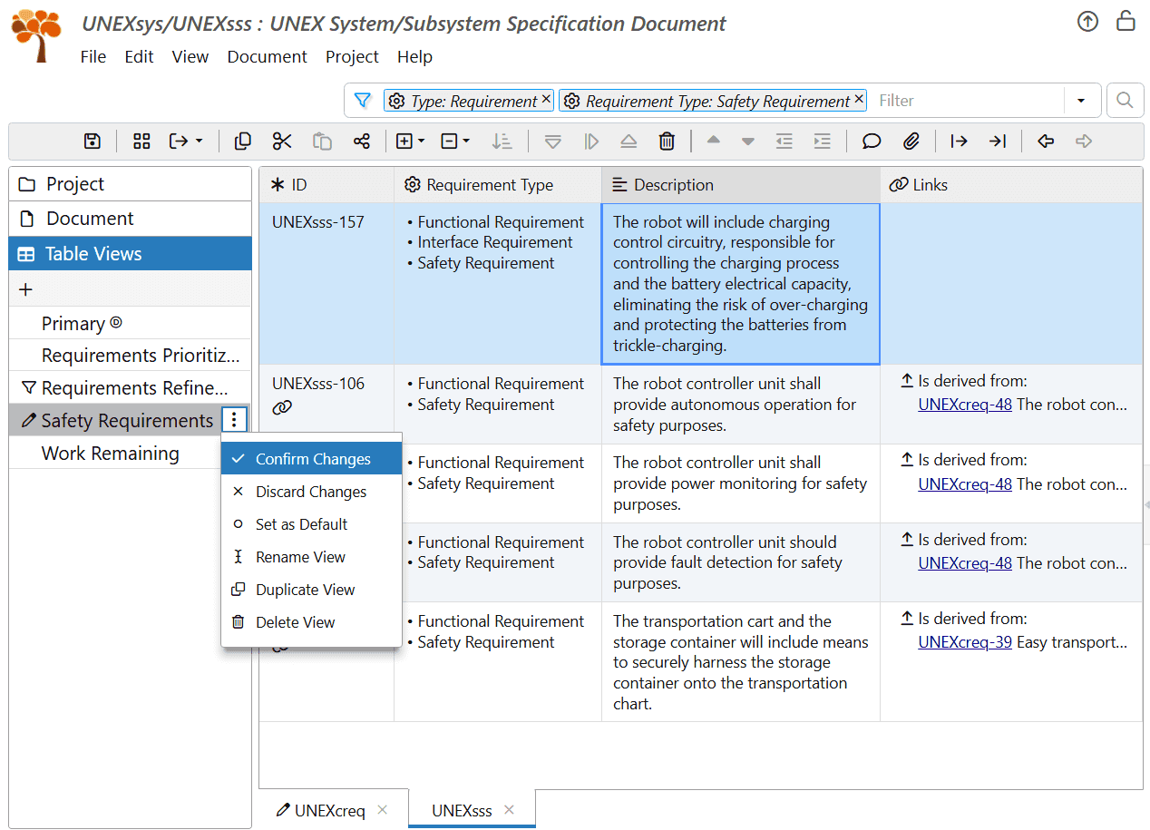 Filter UNEX system safety requirements in ReqView