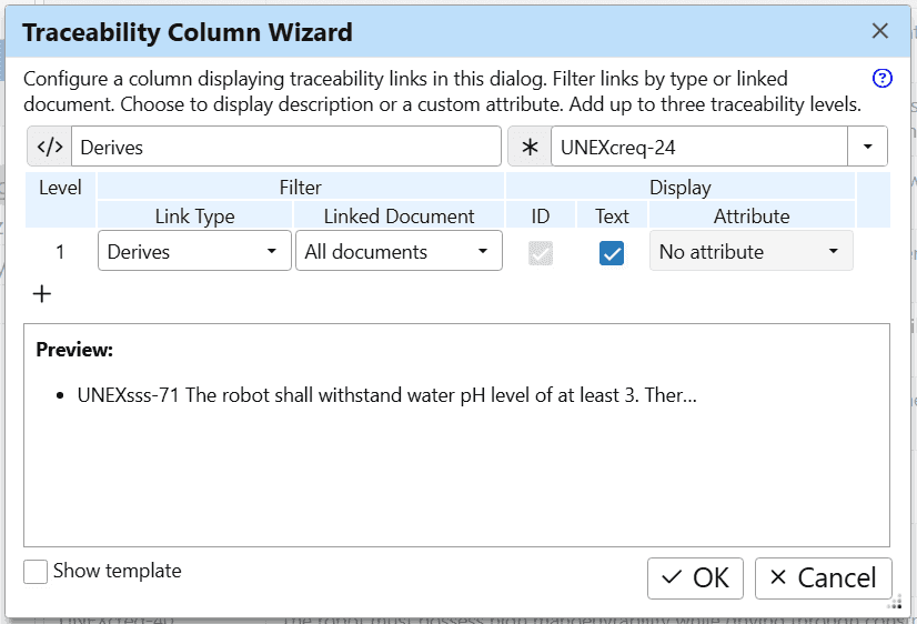 Use the traceability column wizard to add column 'Derives' in ReqView