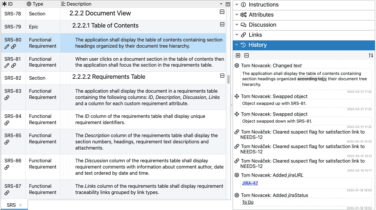 History Pane indicating changes in the document