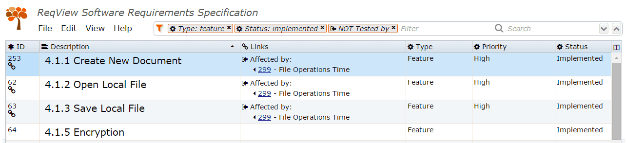 Filter Requirements with Missing Verification Links