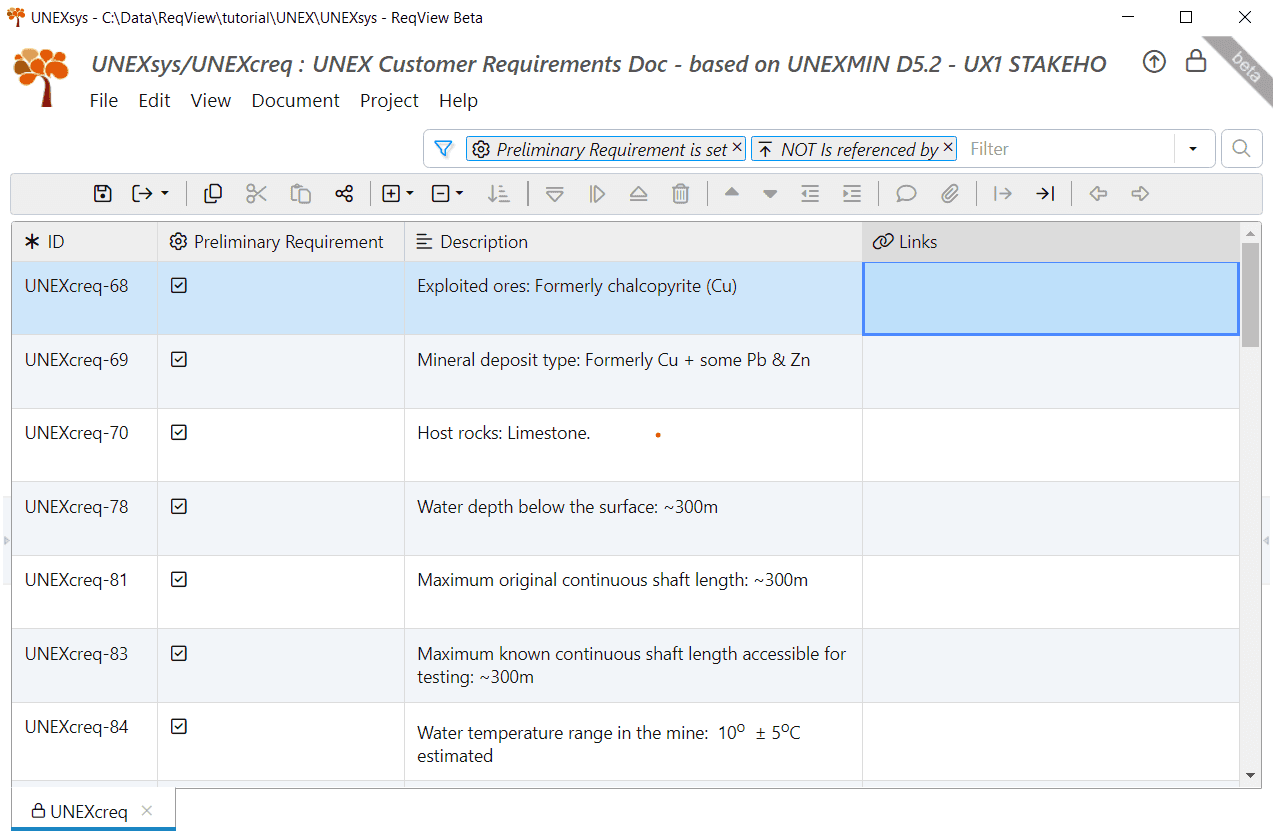 Filter preliminary requirements without any reference link in ReqView Filter preliminary requirements without any reference link in ReqView