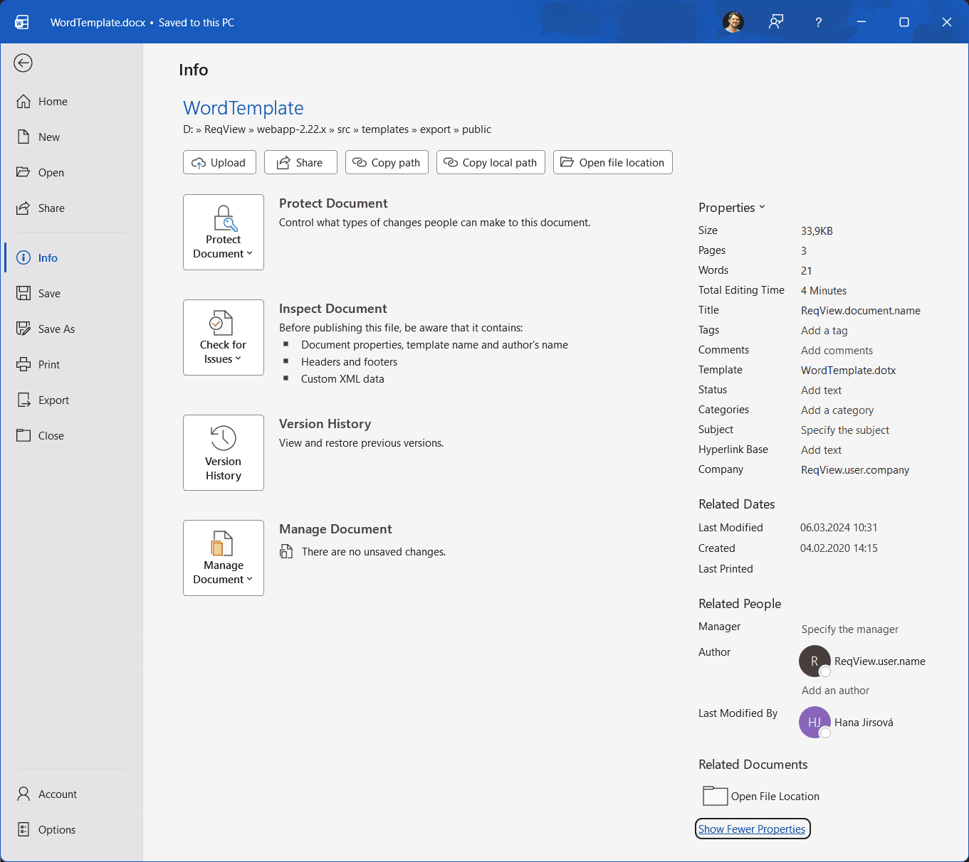 Set document properties in MS Word template for export from ReqView Set document properties in MS Word template for export from ReqView