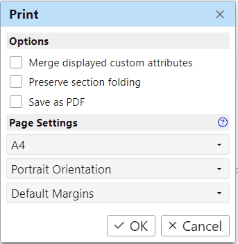 Print options dialog: columns, sorting, folding, save as PDF