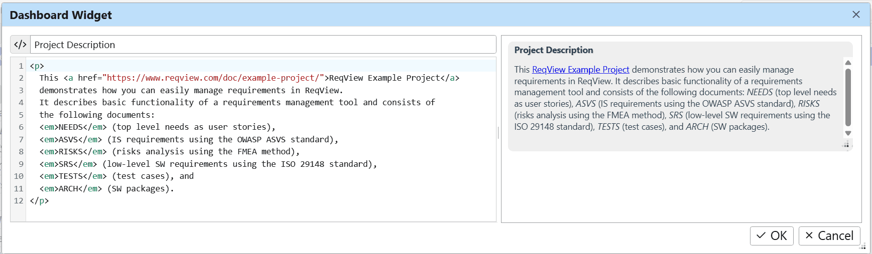 Template code definition for dashboard widgets in ReqView Template code definition for dashboard widgets in ReqView