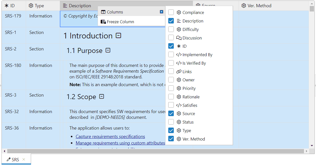Select displayed columns  using the new grid component in ReqView