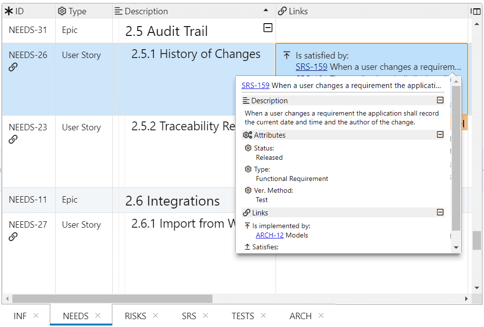 Preview popup displaying information about the linked SRS requirement