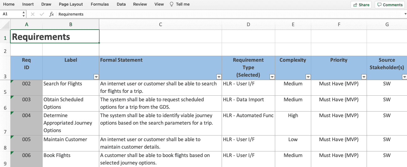 Original Excel File Imported to ReqView