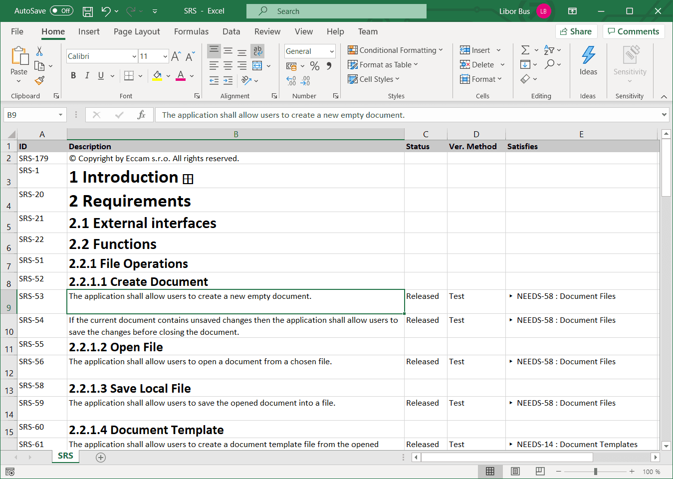 Export Software Requirements Specification (SRS) from ReqView to MS Excel XLSX format