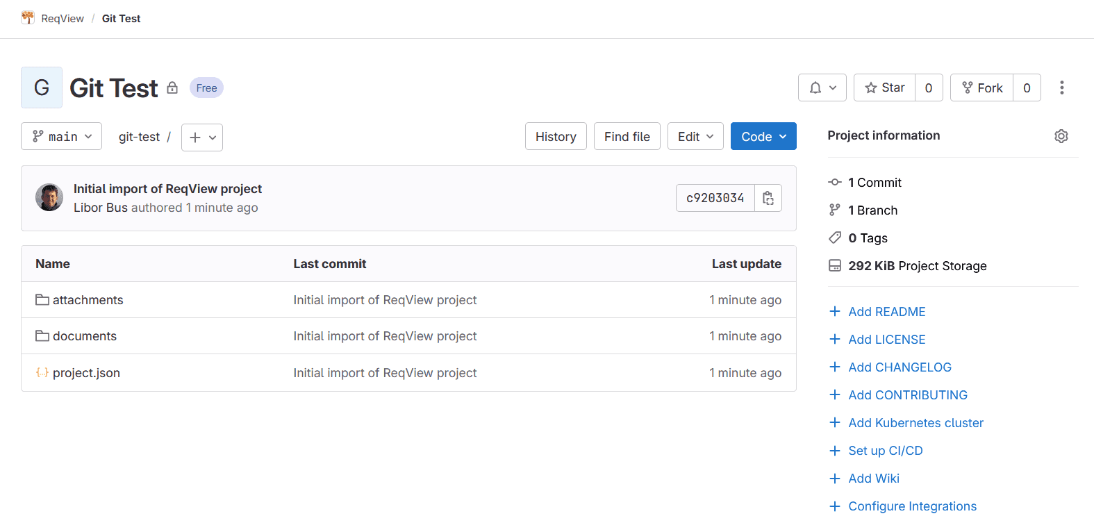 Git repository storing a ReqView project folder