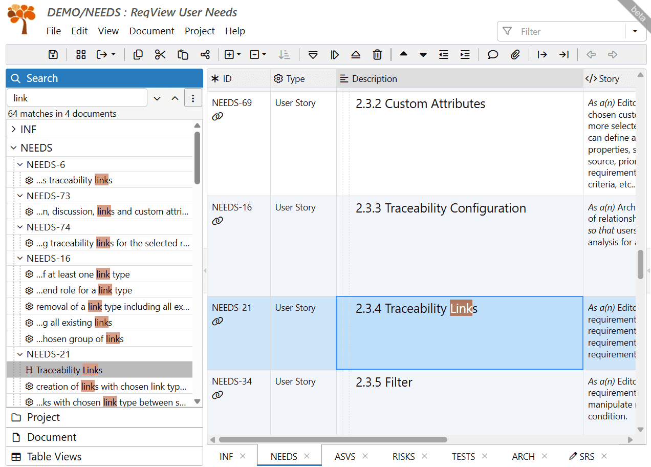 Search text in ReqView