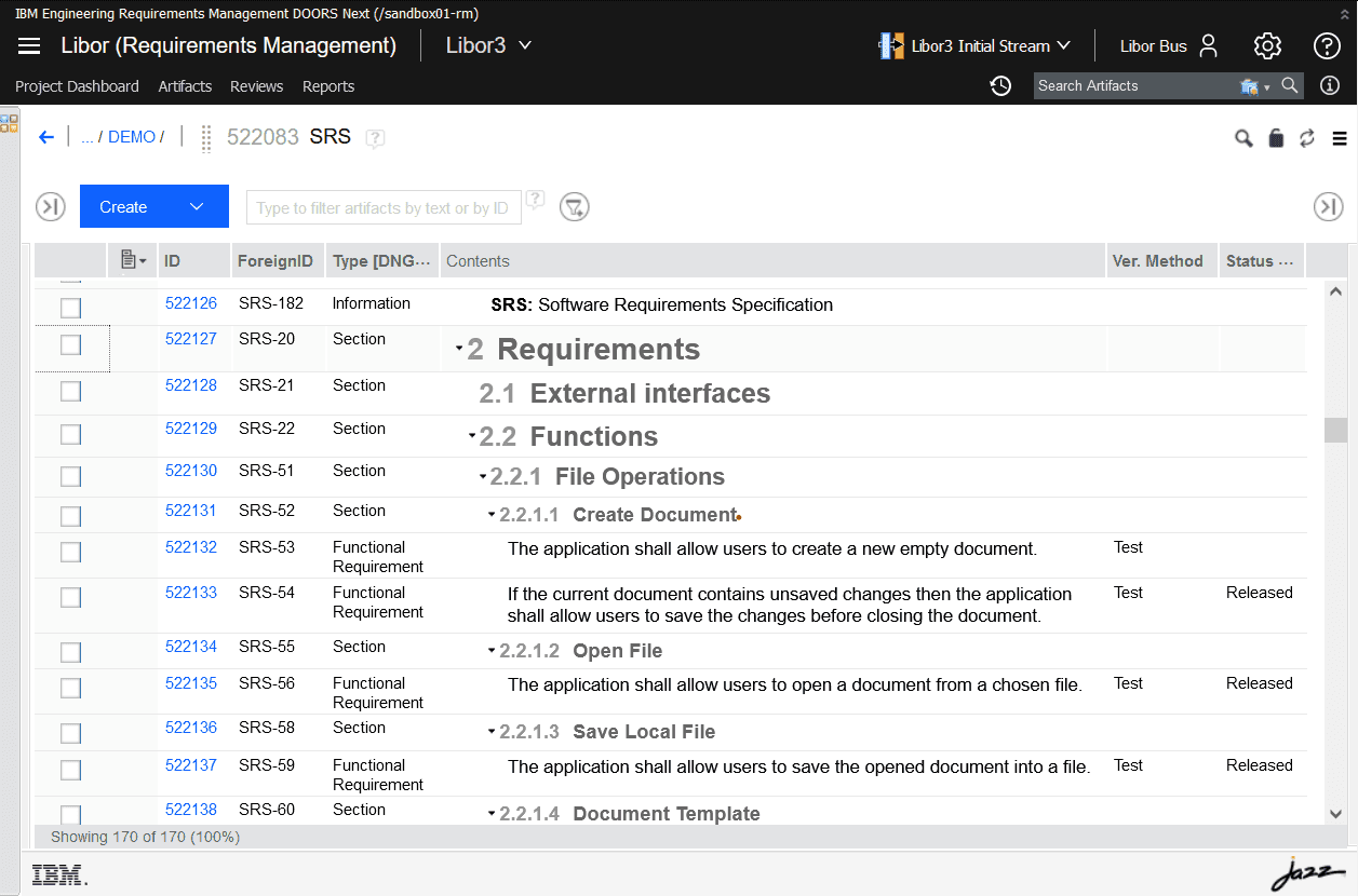 Open Software Requirements Specification (SRS) exported from ReqView in IBM DOORS Next Generation (DNG)