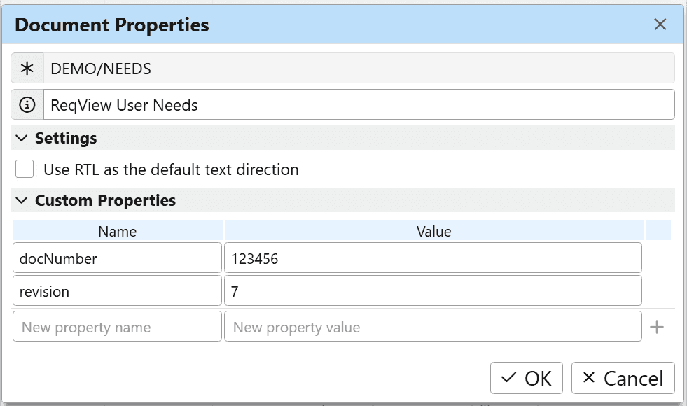 Customize document properties in ReqView