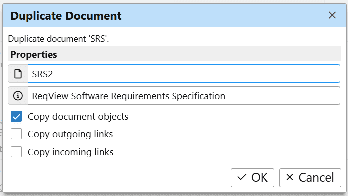 Duplicate a document in ReqView