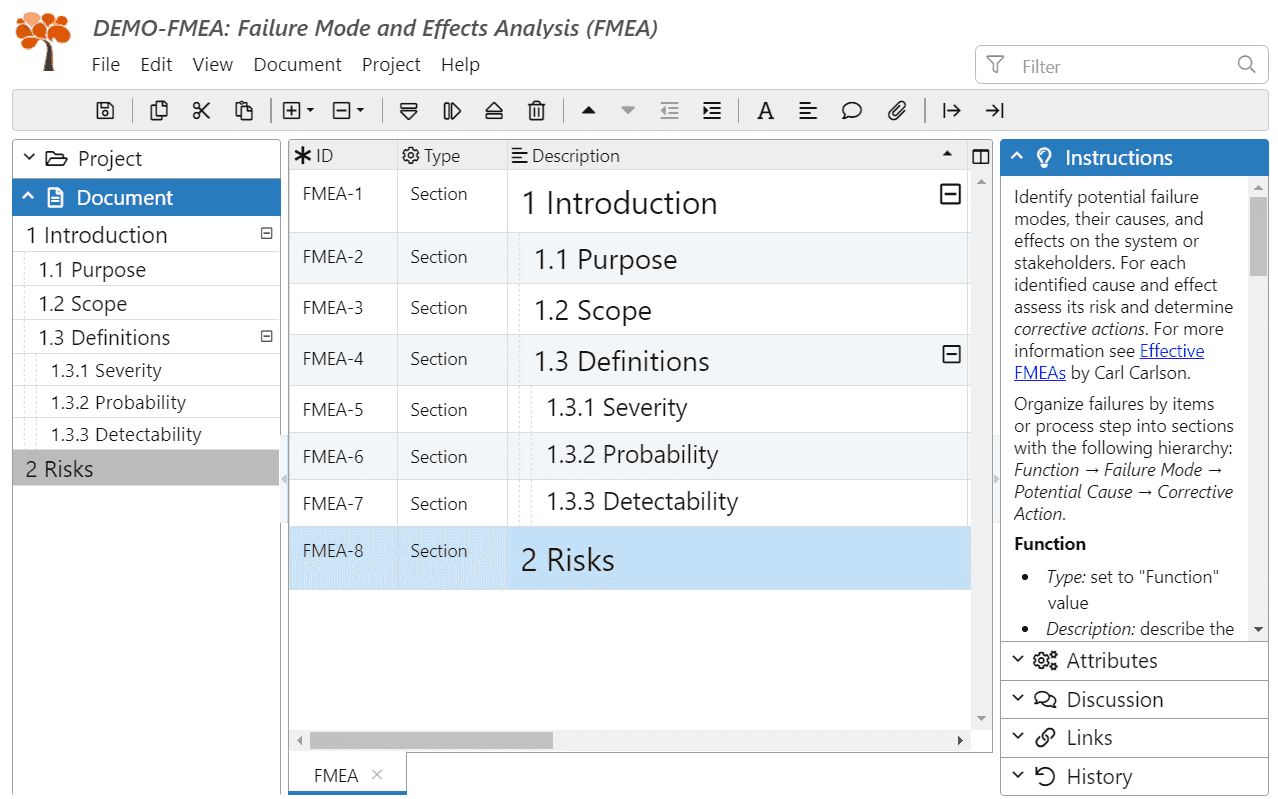 Instructions from the Failure Modes and Effects Analysis (FMEA) document template