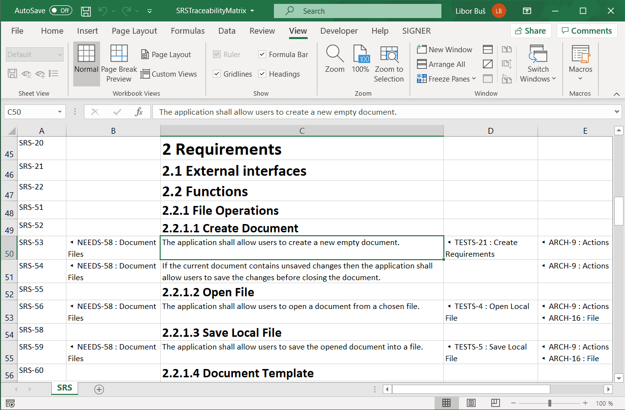 Requirements traceability matrix (RTM) for Software Requirements Specification (SRS) exported from ReqView to Excel