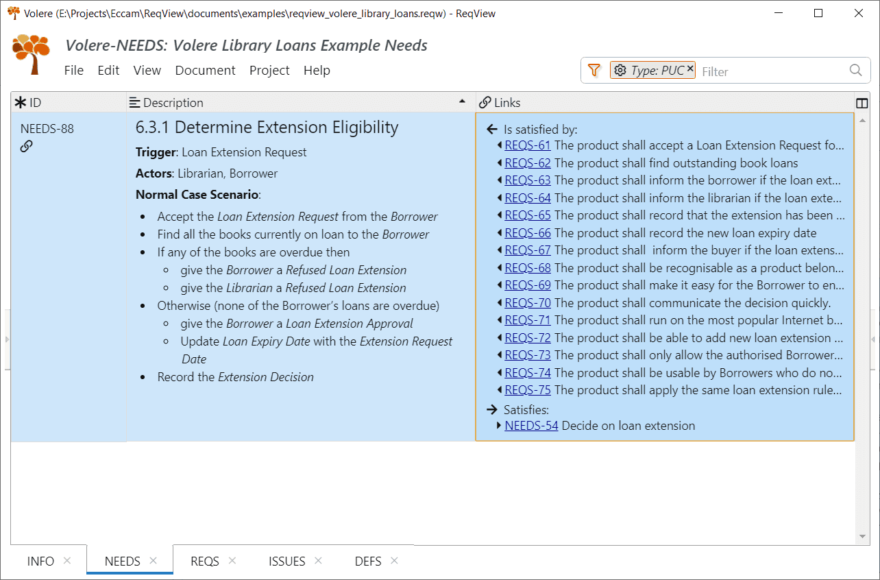 Requirements traceability of the Volere Library Loans Example