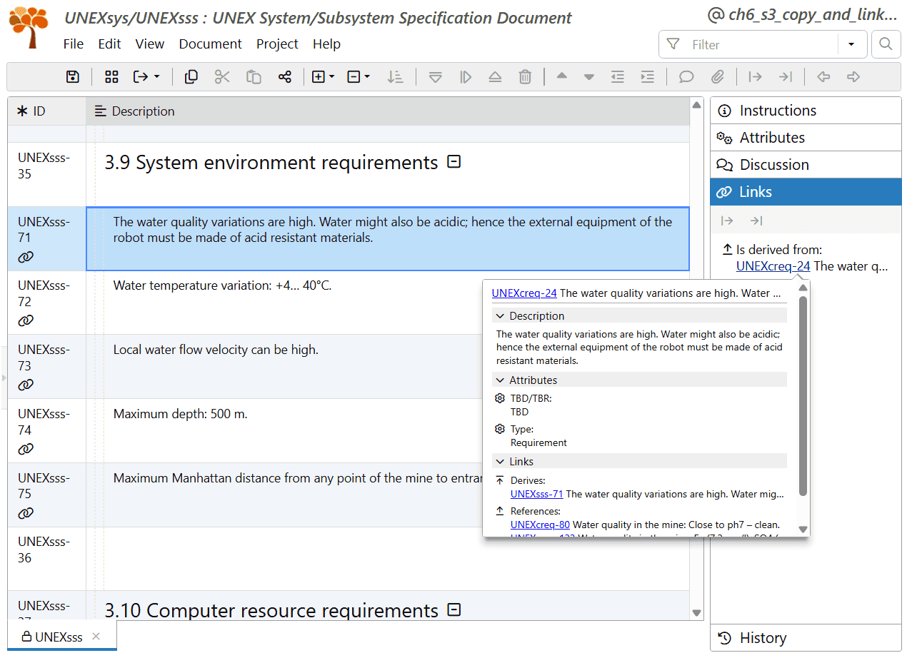 Link the system requirement UNEXsss-71 to its original stakeholder requirement UNEXcreq-24 in ReqView
