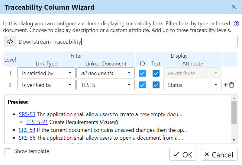 Traceability column wizard in ReqView