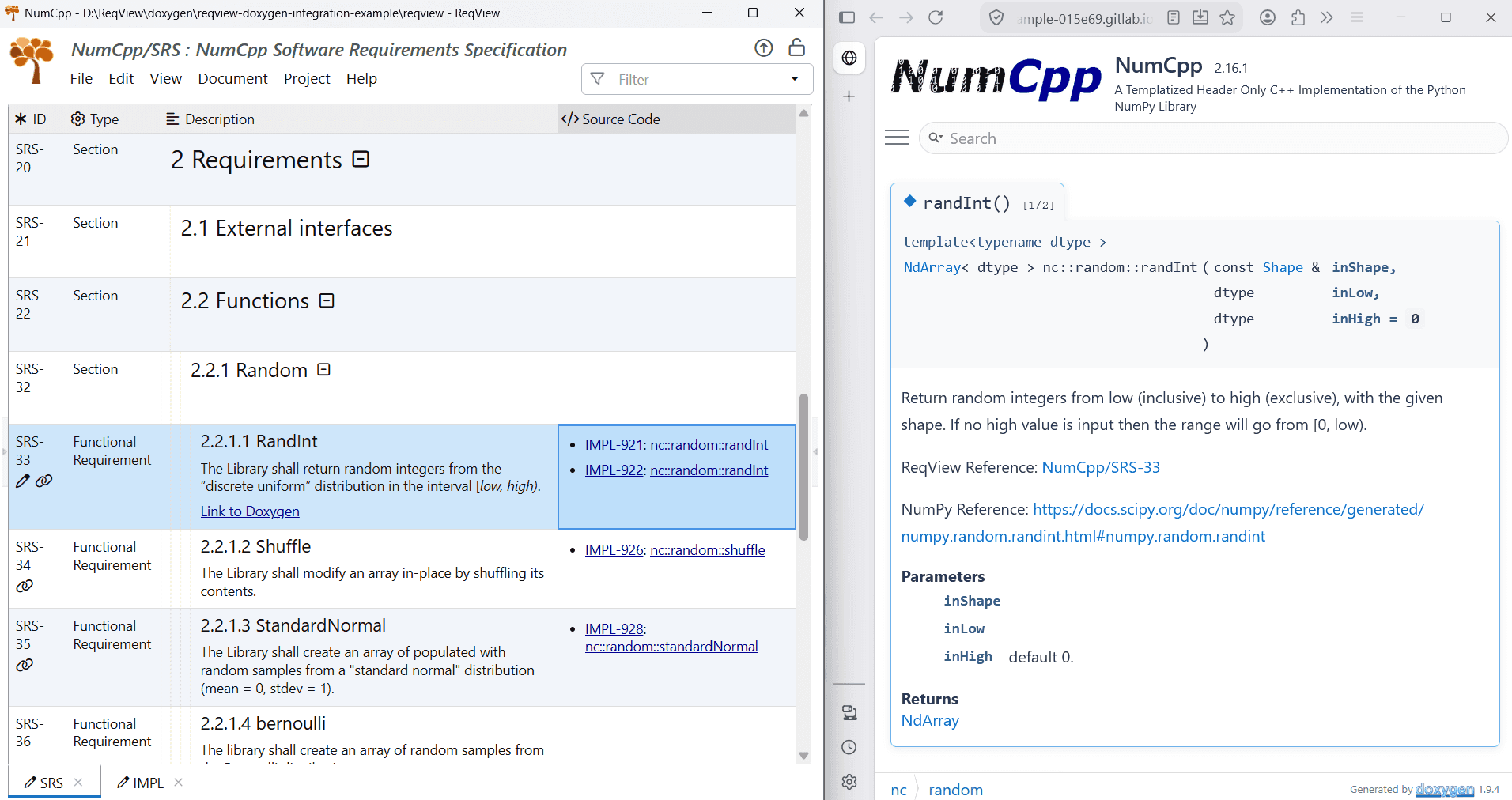 Integration of ReqView requirements management tool with Doxygen source code documentation tool