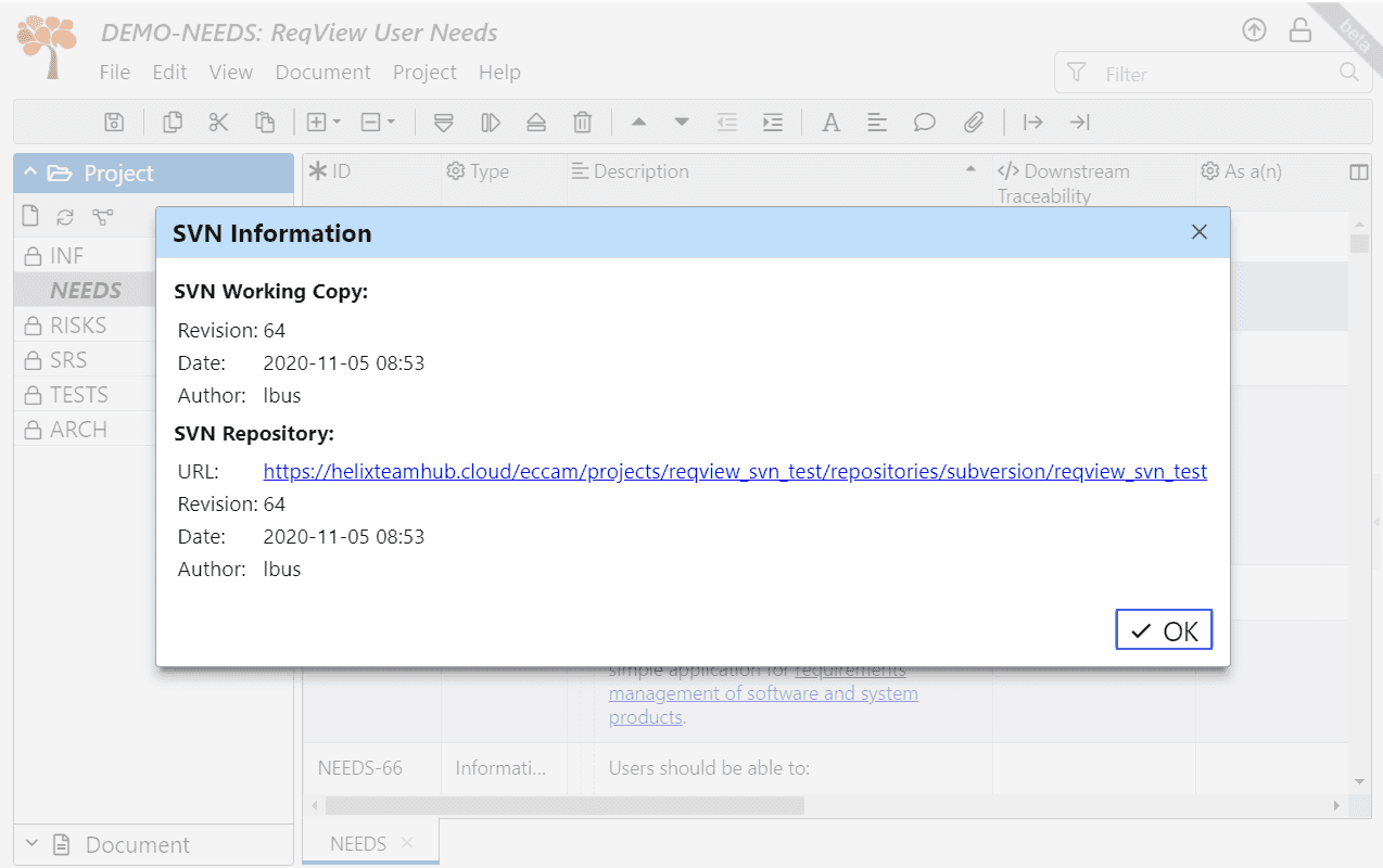 Display SVN information about a ReqView project