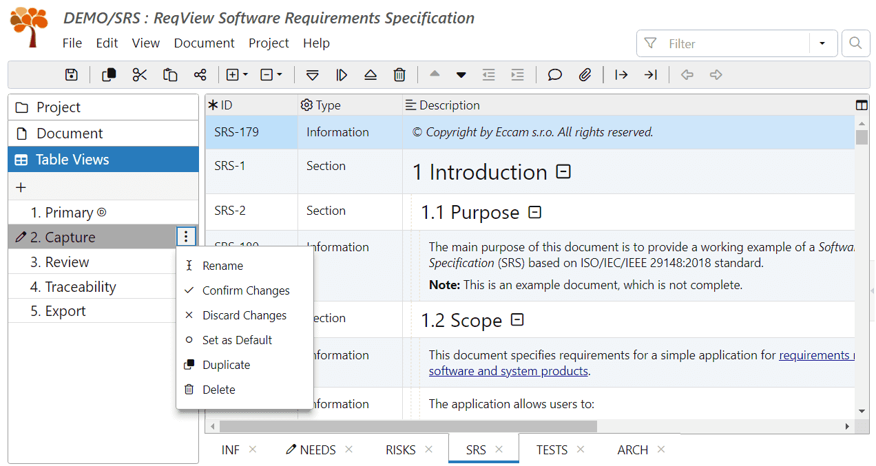 Reuse table views in requirements documents in ReqView