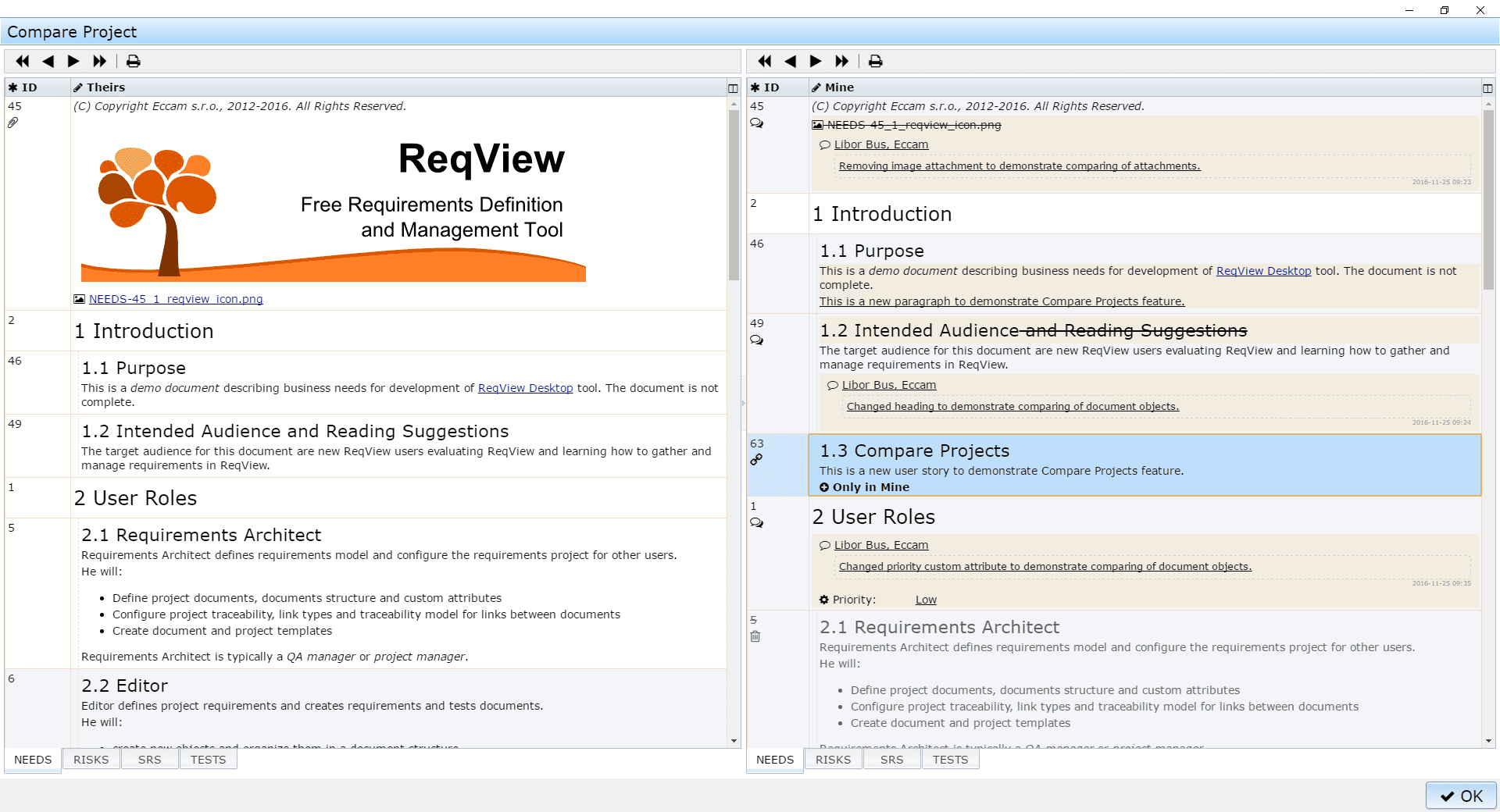 Compare a requirements specification document with a baseline