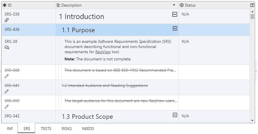 Objects marked as deleted in ReqView software requirements specification document