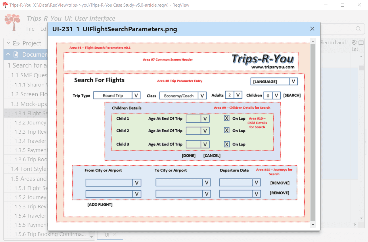 Visual mockup of an example UI screen imported from Excel to ReqView