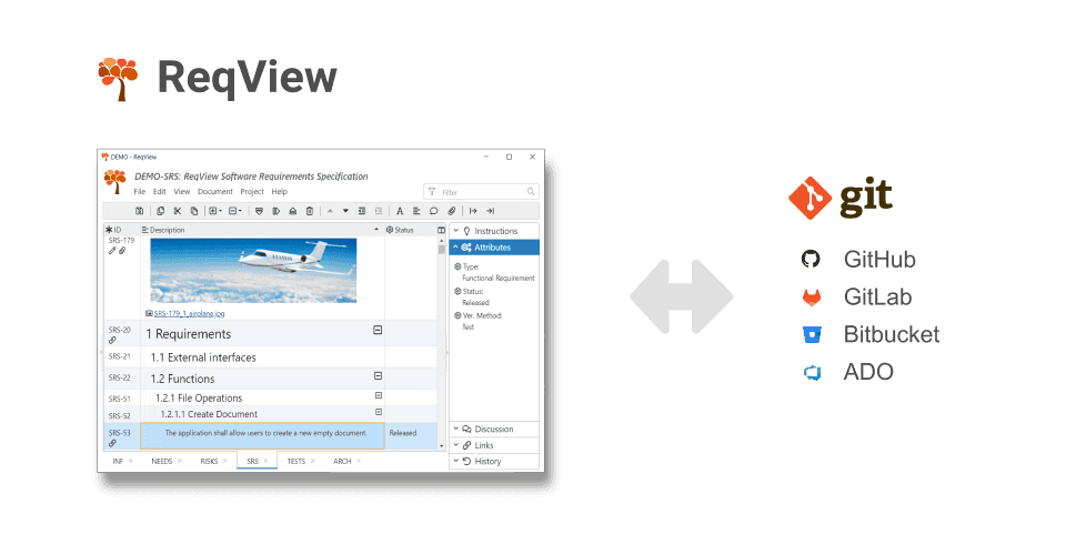 Manage requirements projects in Git. Host Git repositories on GitHub, GitLab, Bitbucket, or ADO, on-premise or in cloud.