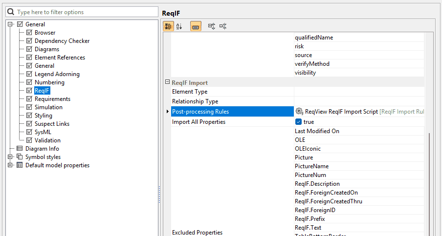 ReqIF post-processing rules in Project Options in Cameo