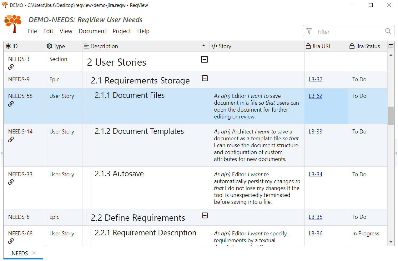 Fetch the URL link and status from exported Jira issues into ReqView