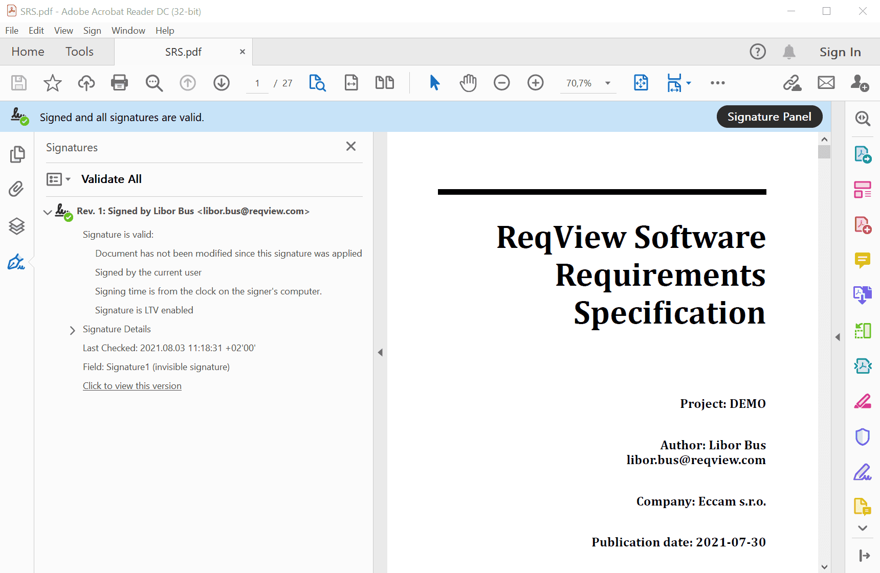Digitally signed PDF document exported from ReqView