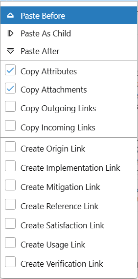 Paste object popup menu with values to copy: position, attributes, attachments, links
