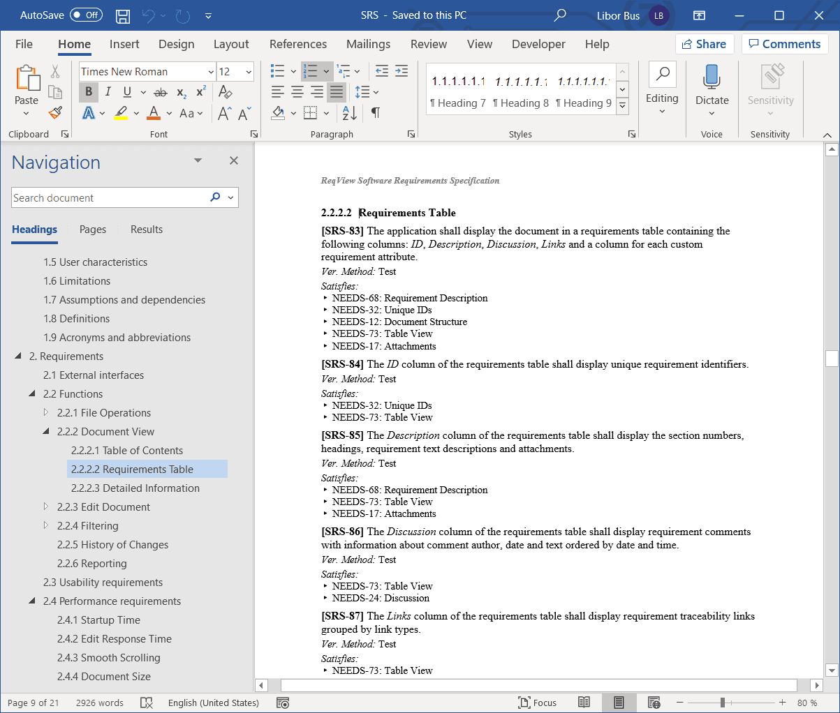 Export a *Software Requirements Specification (SRS)* into a Word file using the Book layout from ReqView