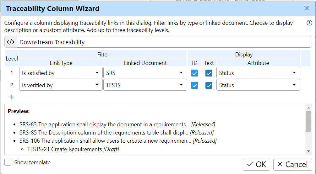 Traceability column wizard