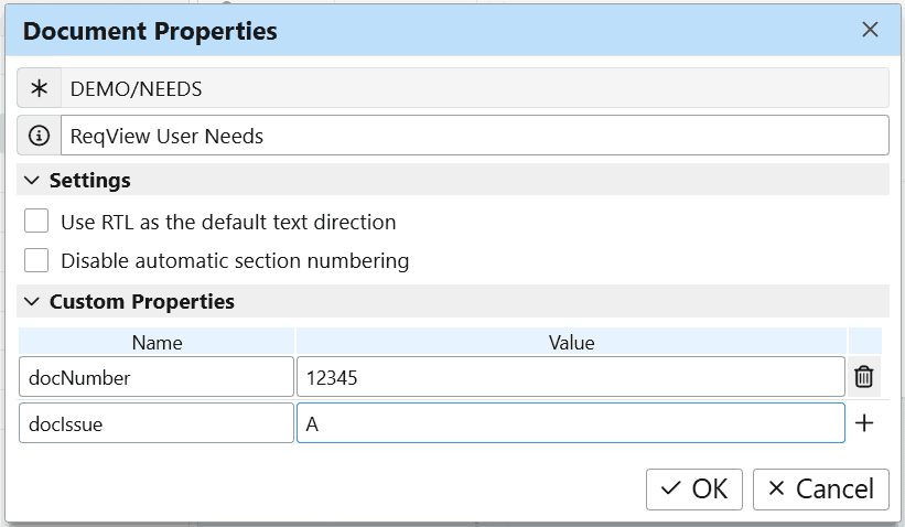 Customize document properties in ReqView