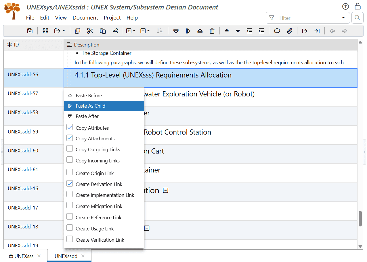 Copy UNEX higher level requirements to SSDD in ReqView