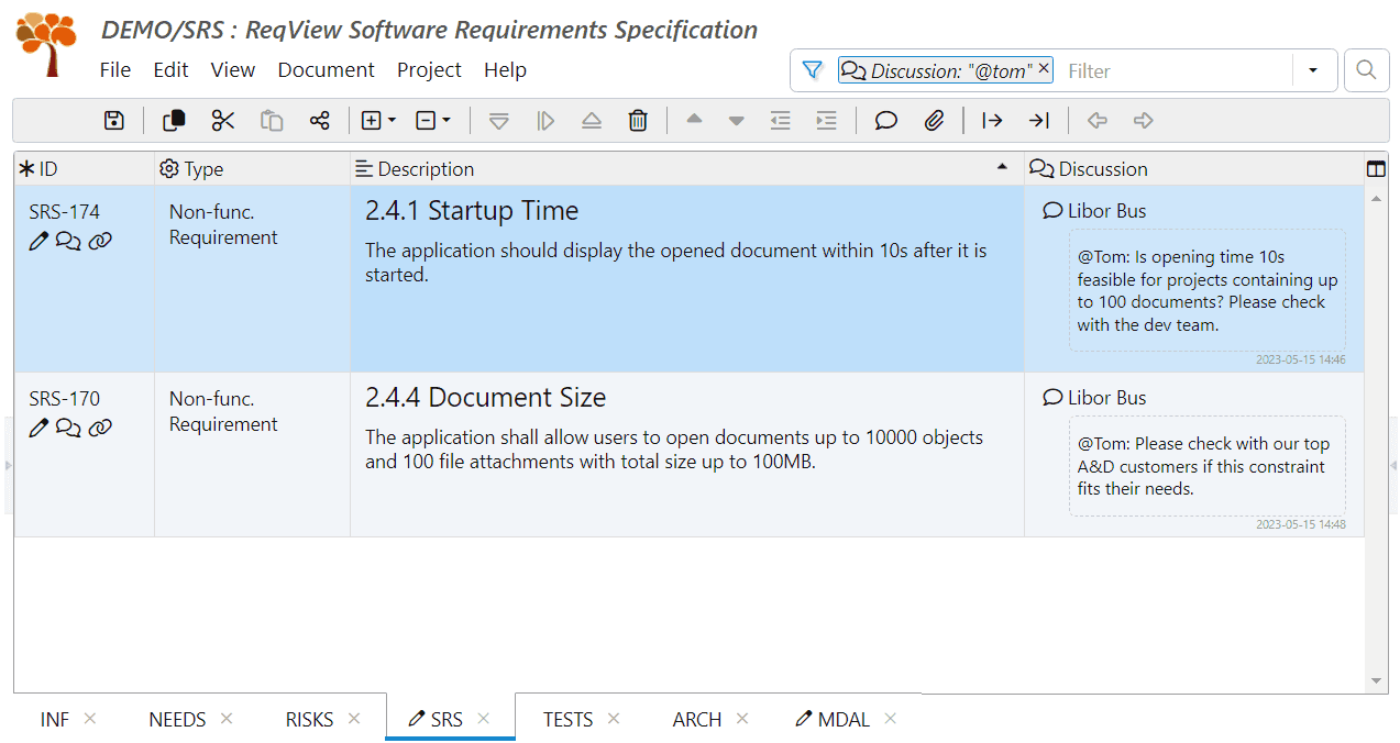 Filter requirements with a comment requesting review from a user in ReqView