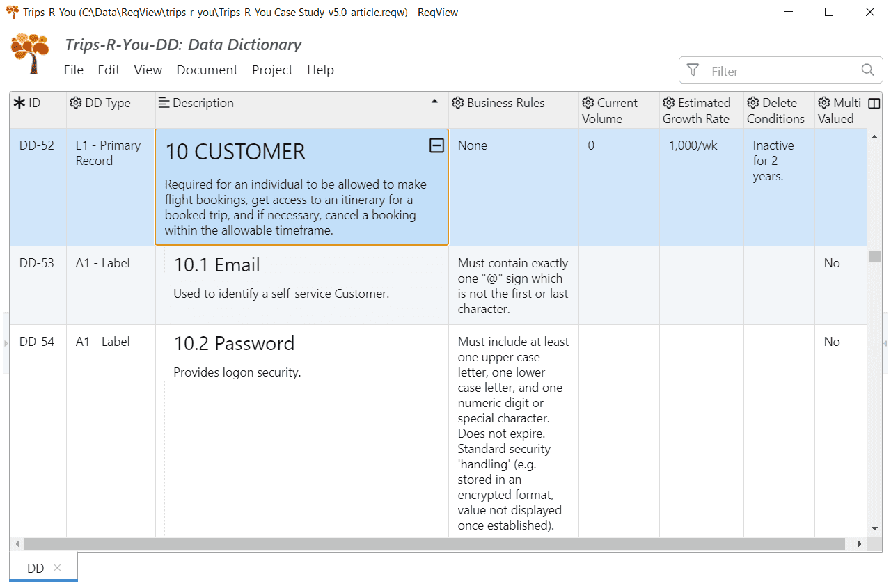 Example data records with details imported from Excel to ReqView