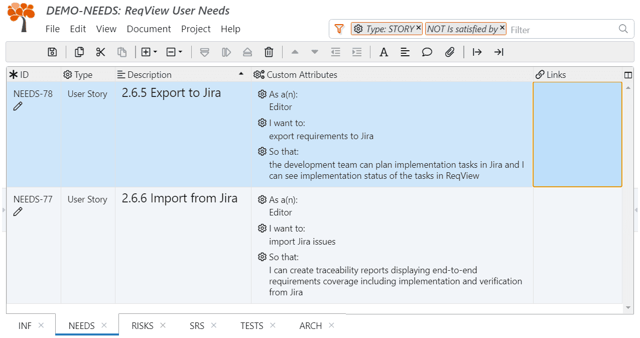 Filter uncovered high-level user needs with missing satisfaction links Filter uncovered high-level user needs with missing satisfaction links