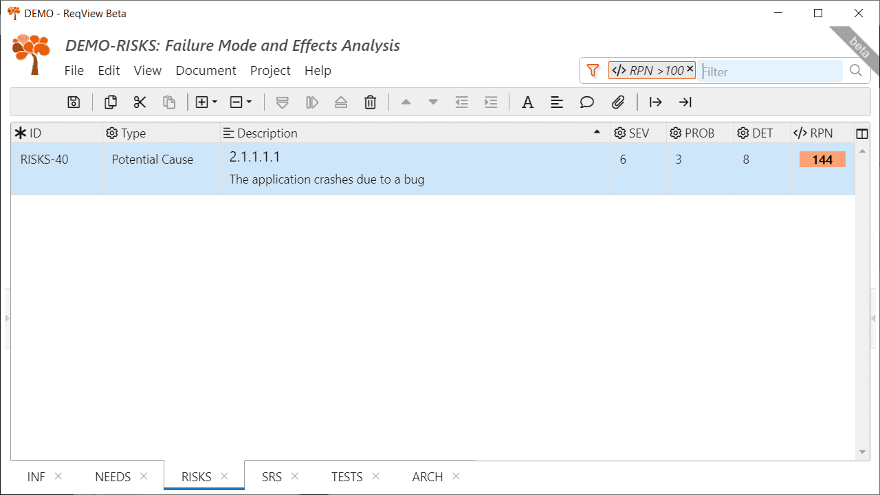 Filter FMEA document by RPN template column