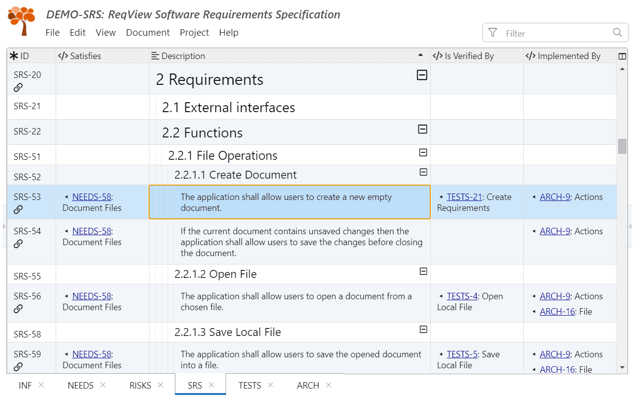 Requirements traceability matrix (RTM) for Software Requirements Specification (SRS) in ReqView