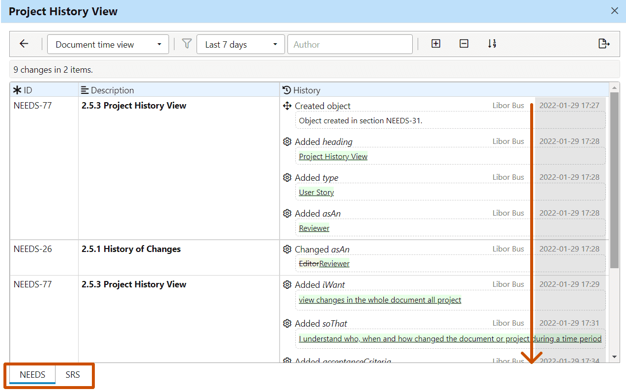 Display Document Time View with changes ordered by time